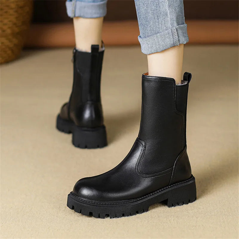Winter Genuine Leather Women’s Boots – Wool Lined Chelsea Snow Boots with High Heels & Platform