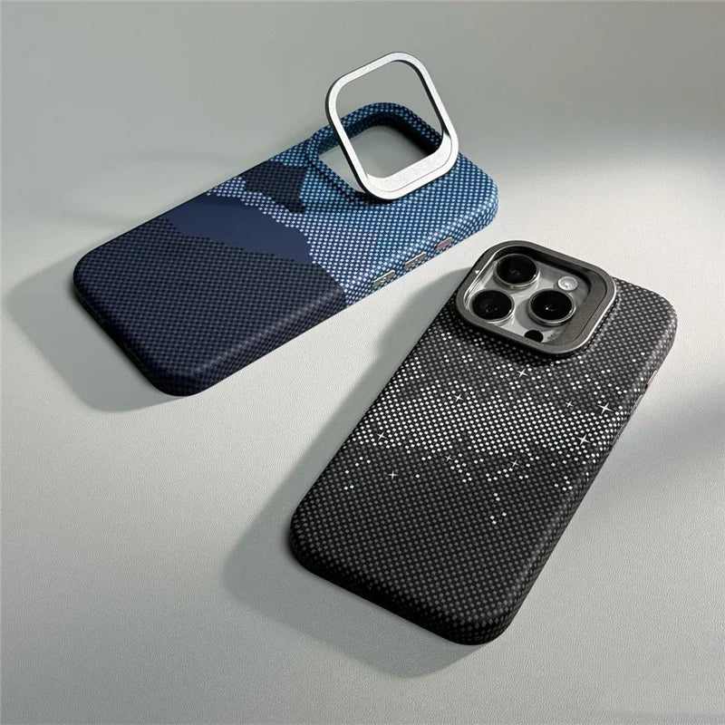MagSafe Carbon Fiber Shockproof IPhone Case – Anti-Fall Shield with Metal Lens Kickstand