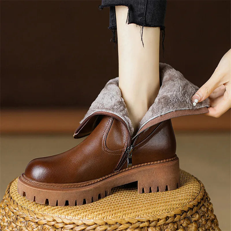 Winter Genuine Leather Women’s Boots – Wool Lined Chelsea Snow Boots with High Heels & Platform