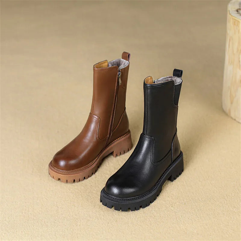Winter Genuine Leather Women’s Boots – Wool Lined Chelsea Snow Boots with High Heels & Platform