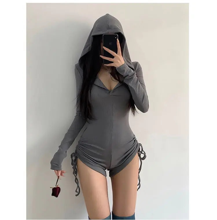 Y2K Hooded Bodysuit – Vintage 90s Slim Casual Jumpsuit for Women