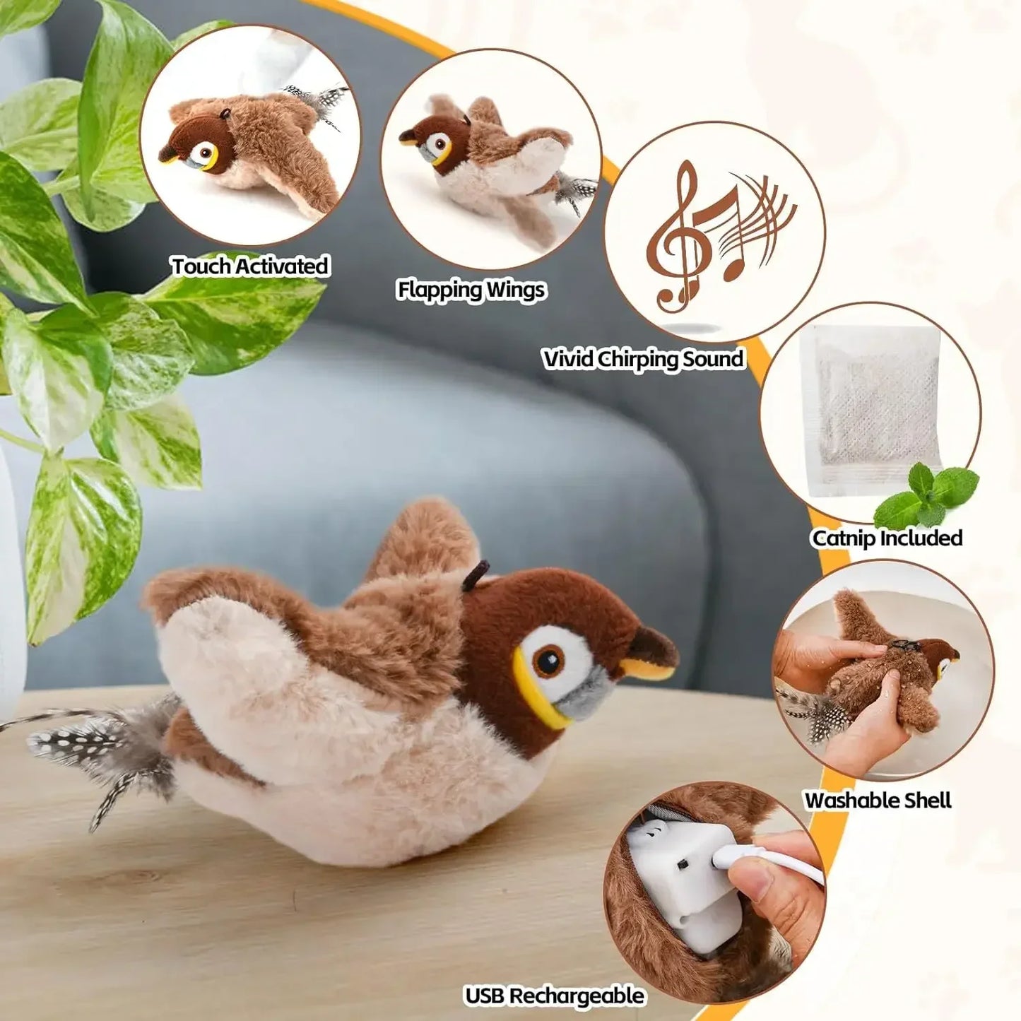 Simulated Bird Cat Toy - Interactive Rechargeable Chirping & Flapping Plush Toy with Catnip
