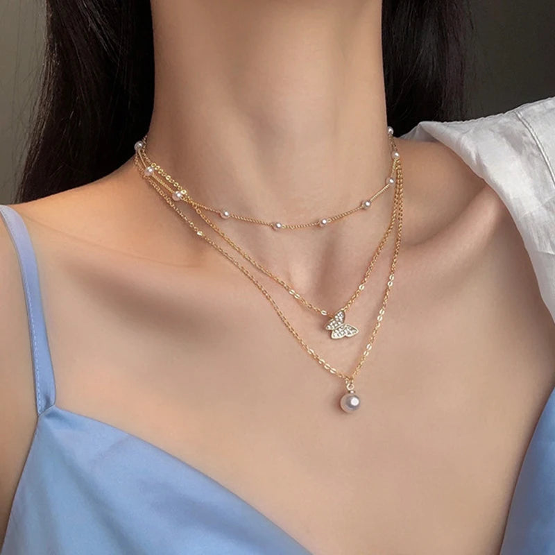 Vintage Pearl Charm Layered Necklace for Women