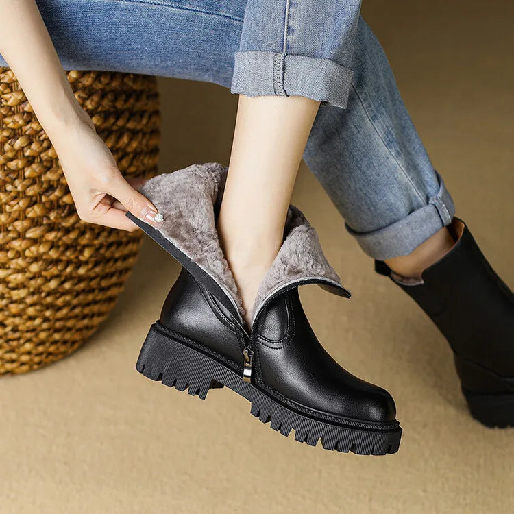 Winter Genuine Leather Women’s Boots – Wool Lined Chelsea Snow Boots with High Heels & Platform