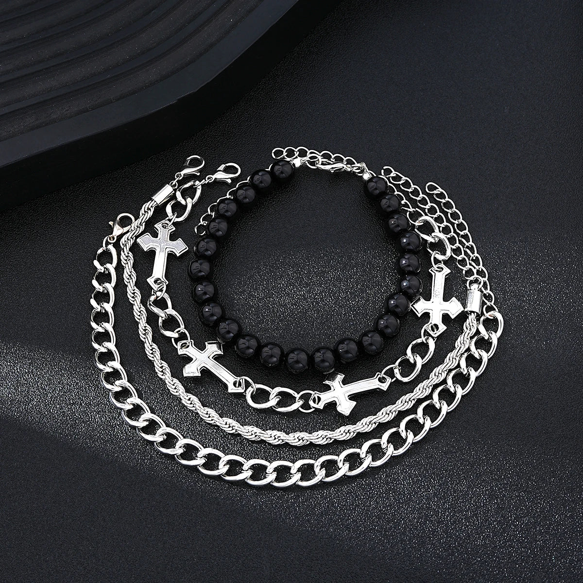 Stainless Steel Bracelet Set – Punk Cross Beads Chain for Men & Women