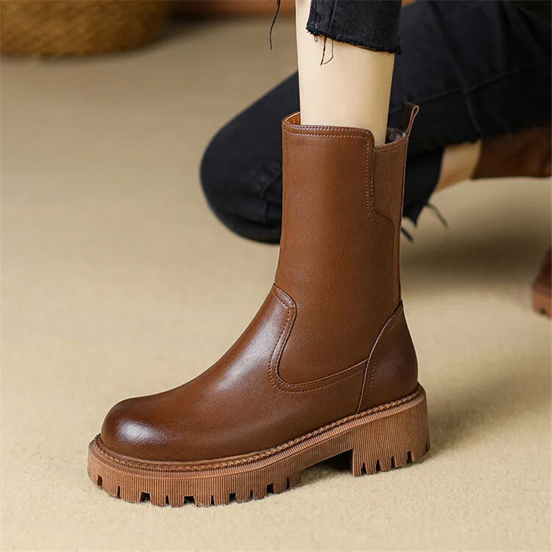 Winter Genuine Leather Women’s Boots – Wool Lined Chelsea Snow Boots with High Heels & Platform