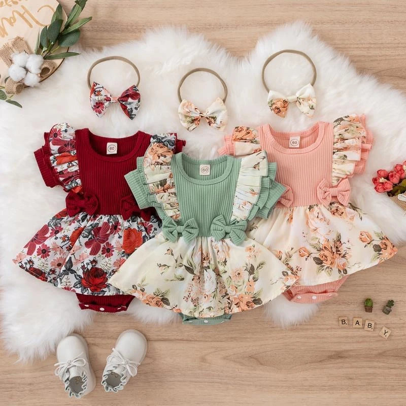 Summer Baby Girl Dress – Floral Cotton Jumpsuit with Bowknot