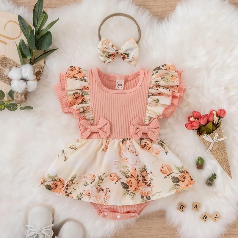 Summer Baby Girl Dress – Floral Cotton Jumpsuit with Bowknot