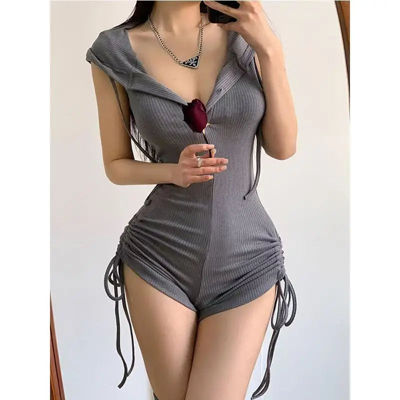 Y2K Hooded Bodysuit – Vintage 90s Slim Casual Jumpsuit for Women