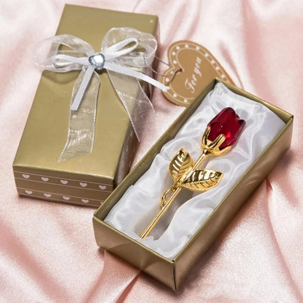 Crystal Glass Rose with Silver/Gold Rod – Valentine's Day Gift for Girlfriend & Wedding Decor