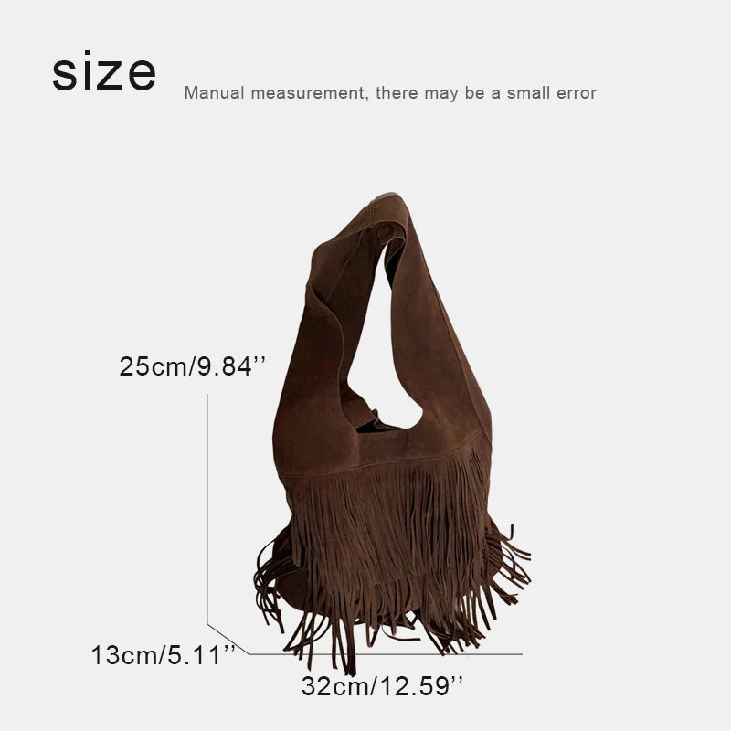 Bohemian Faux Suede Bucket Bag – Stylish Tassel Shoulder Handbag for Women