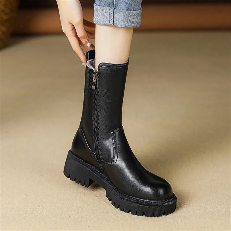 Winter Genuine Leather Women’s Boots – Wool Lined Chelsea Snow Boots with High Heels & Platform