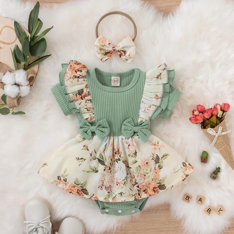 Summer Baby Girl Dress – Floral Cotton Jumpsuit with Bowknot