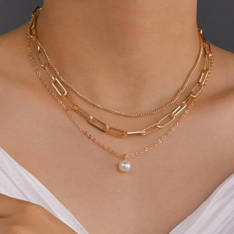 Vintage Pearl Charm Layered Necklace for Women