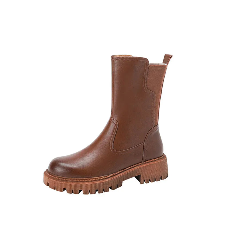 Winter Genuine Leather Women’s Boots – Wool Lined Chelsea Snow Boots with High Heels & Platform