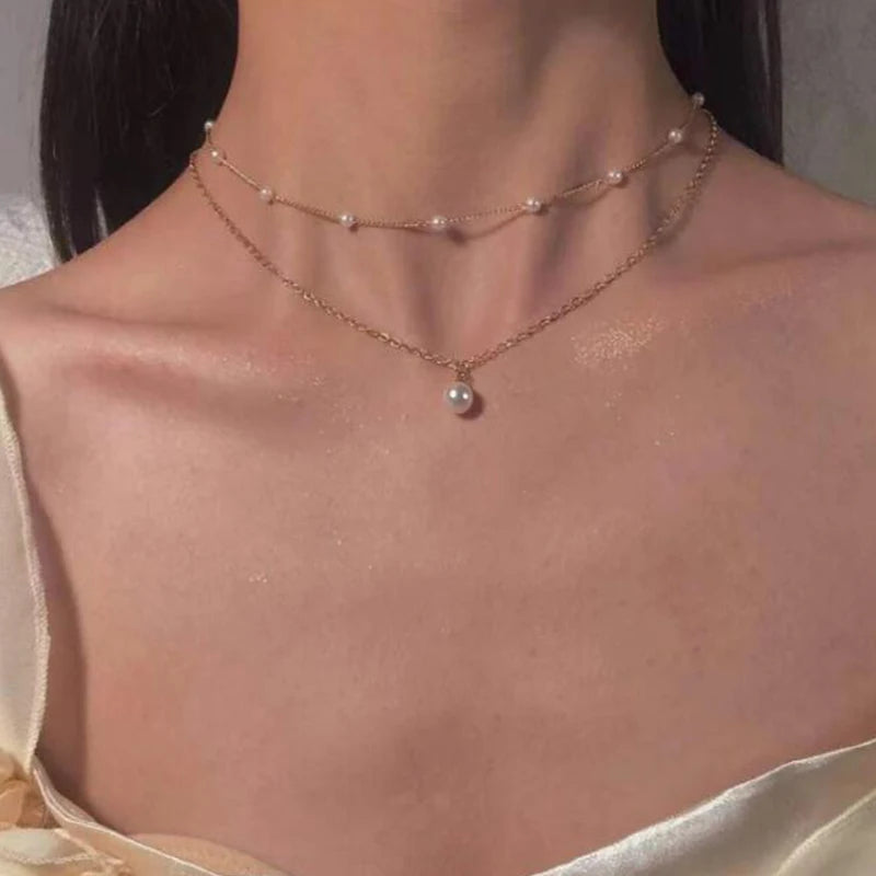 Vintage Pearl Charm Layered Necklace for Women