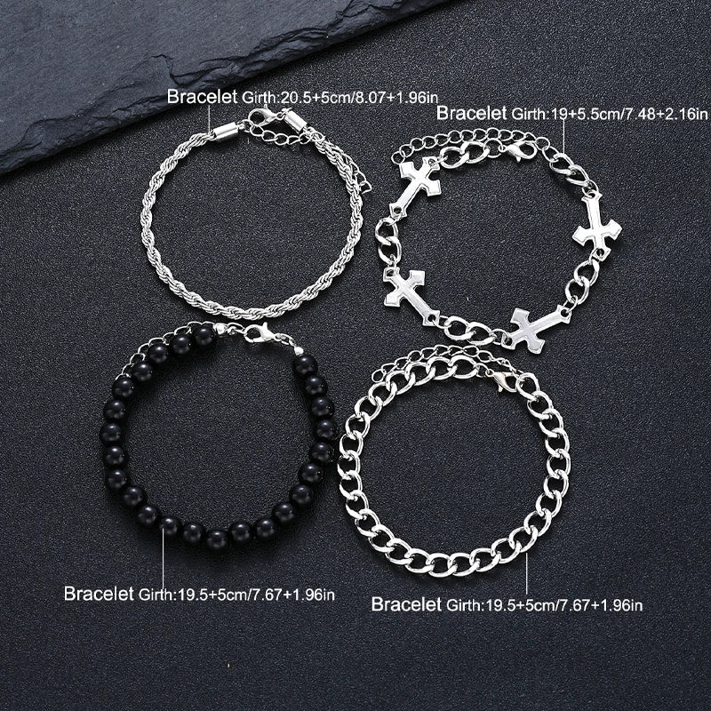 Stainless Steel Bracelet Set – Punk Cross Beads Chain for Men & Women