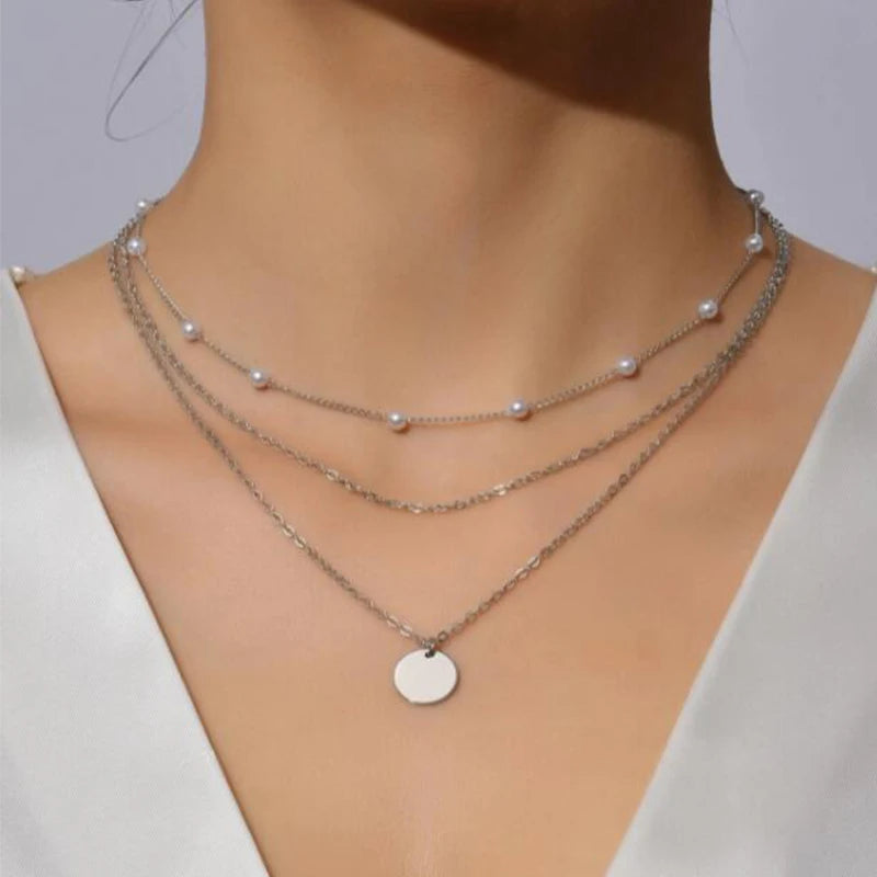 Vintage Pearl Charm Layered Necklace for Women