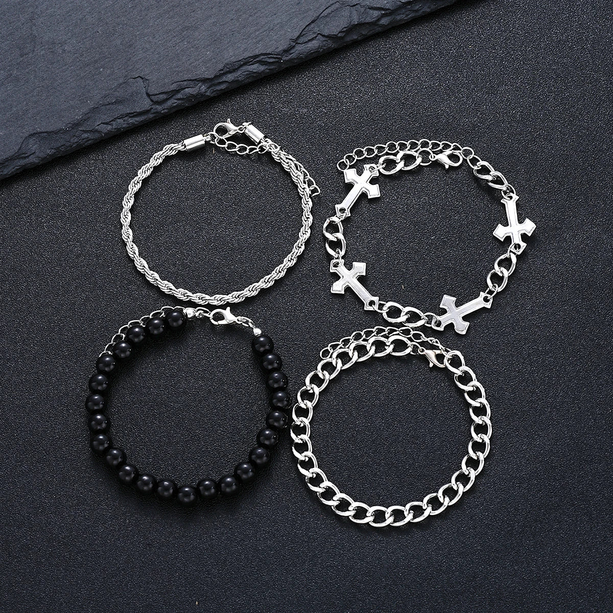 Stainless Steel Bracelet Set – Punk Cross Beads Chain for Men & Women