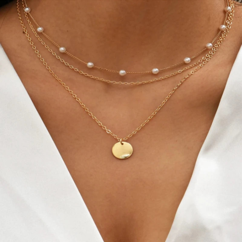 Vintage Pearl Charm Layered Necklace for Women