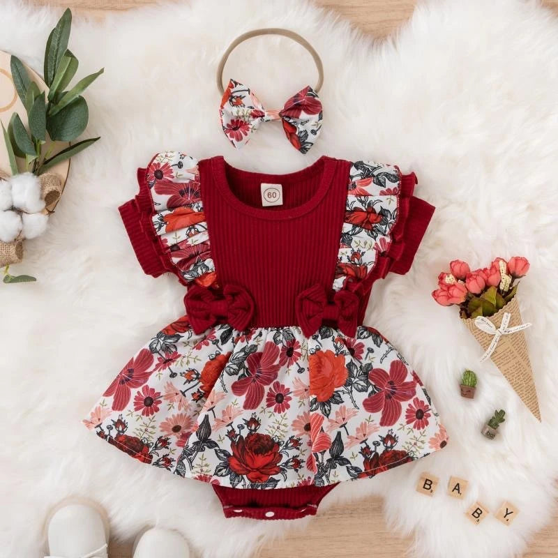 Summer Baby Girl Dress – Floral Cotton Jumpsuit with Bowknot