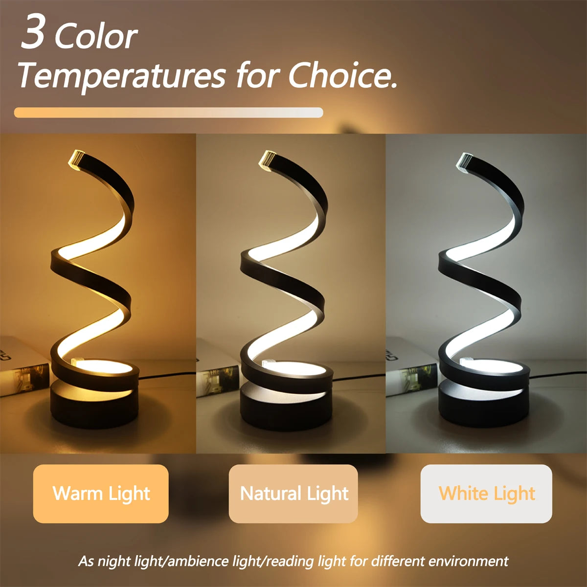 Minimalist Spiral LED Desk Lamp – 3-Color Ambient Light