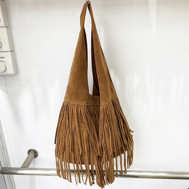 Bohemian Faux Suede Bucket Bag – Stylish Tassel Shoulder Handbag for Women