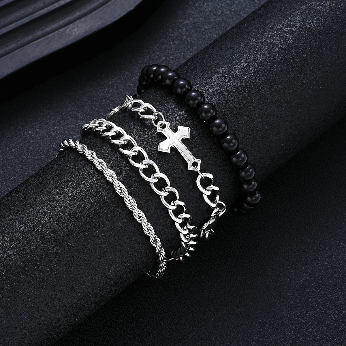 Stainless Steel Bracelet Set – Punk Cross Beads Chain for Men & Women