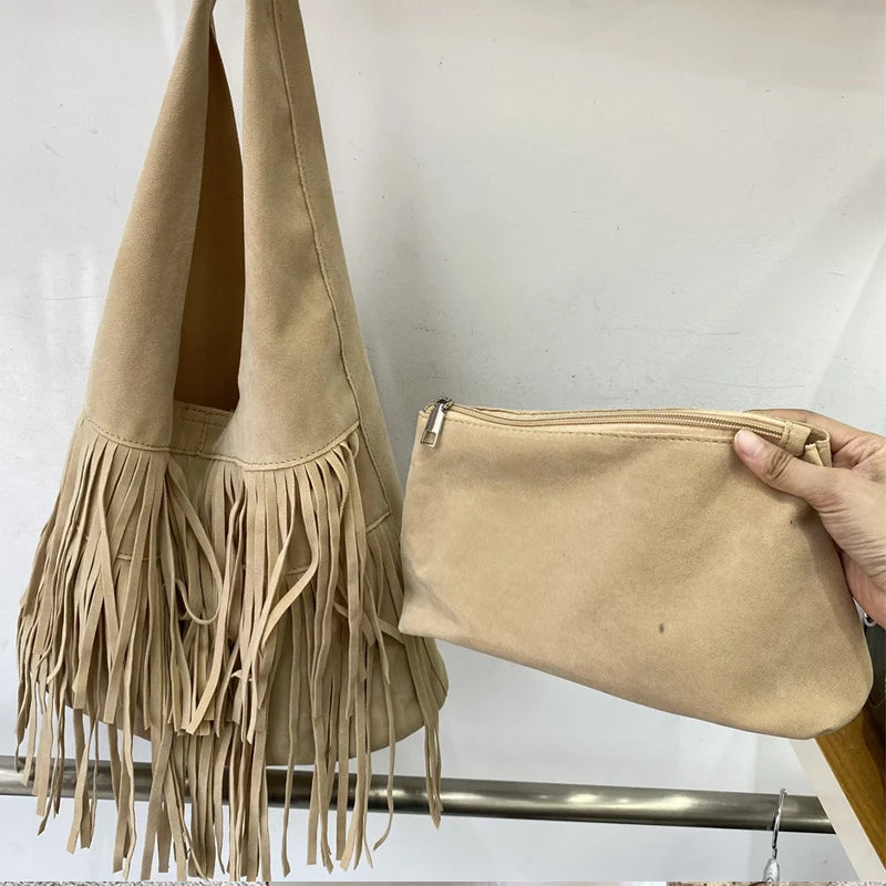 Bohemian Faux Suede Bucket Bag – Stylish Tassel Shoulder Handbag for Women