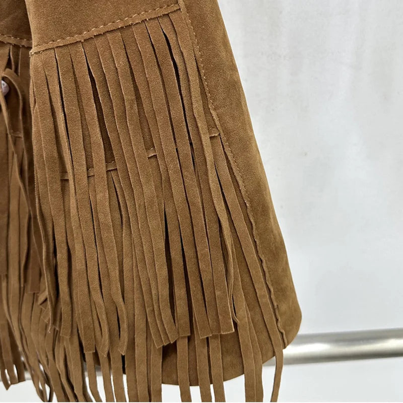 Bohemian Faux Suede Bucket Bag – Stylish Tassel Shoulder Handbag for Women