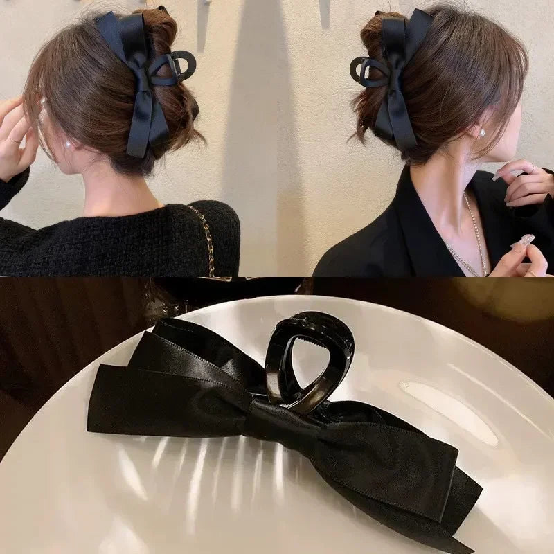 Elegant Black Bow Hair Claw – Stylish Plastic Hair Clip for Women & Girls
