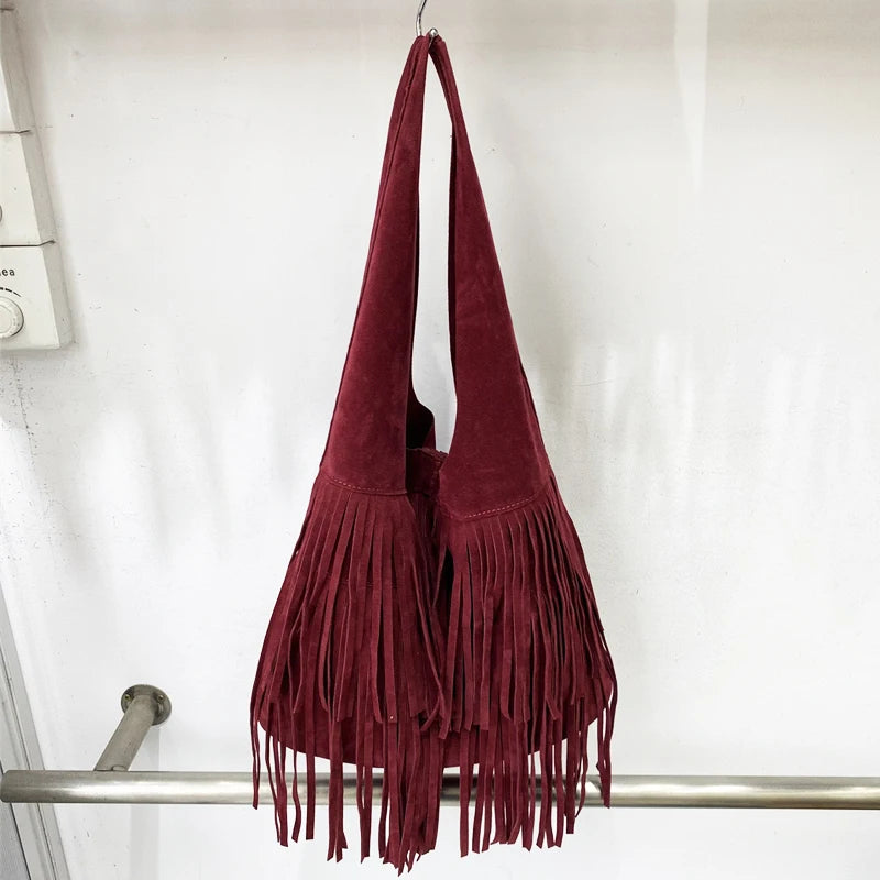 Bohemian Faux Suede Bucket Bag – Stylish Tassel Shoulder Handbag for Women