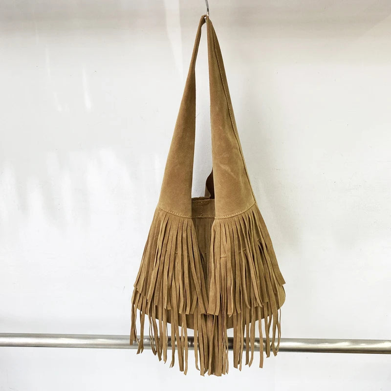 Bohemian Faux Suede Bucket Bag – Stylish Tassel Shoulder Handbag for Women