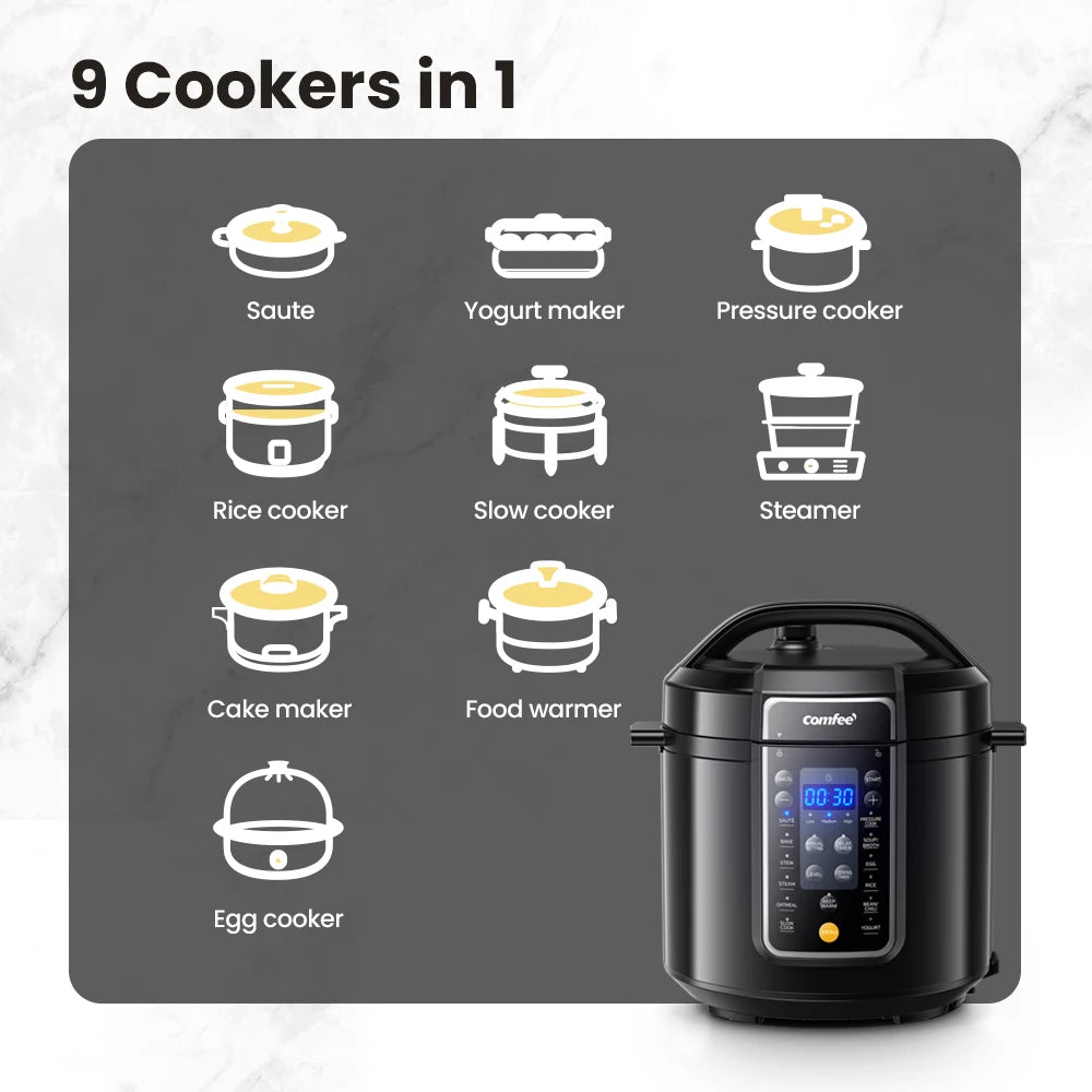 COMFEE 9-in-1 Electric 9-in-1 Pressure Cooker – 6 Quart, Non-Stick Inner Pot, 13 Presets, & Delay Timer for Easy Cooking