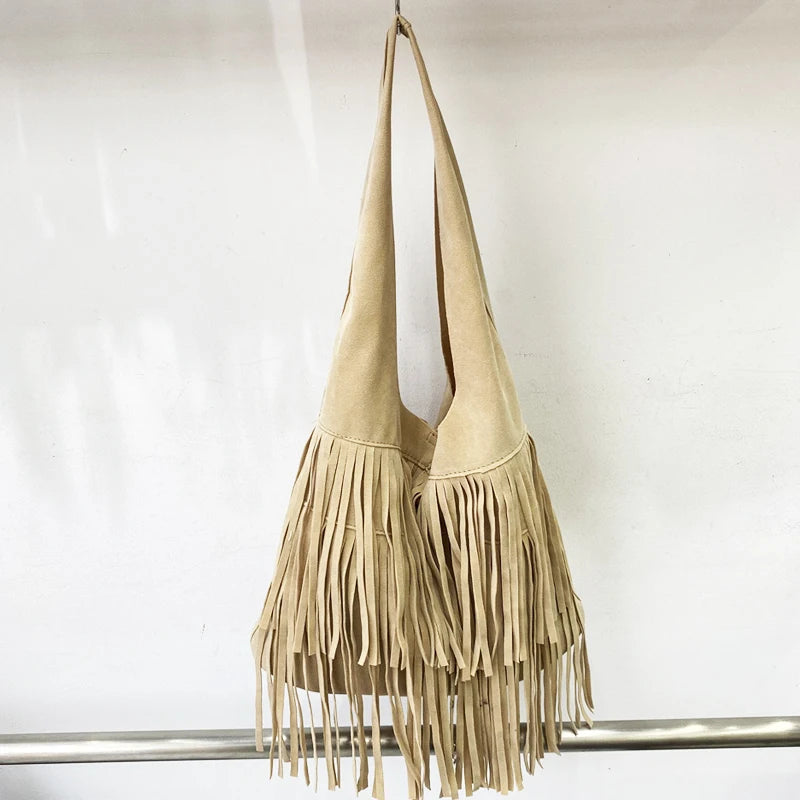 Bohemian Faux Suede Bucket Bag – Stylish Tassel Shoulder Handbag for Women