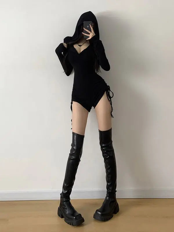 Y2K Hooded Bodysuit – Vintage 90s Slim Casual Jumpsuit for Women