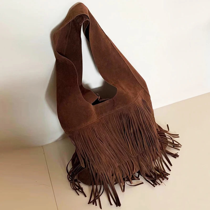 Bohemian Faux Suede Bucket Bag – Stylish Tassel Shoulder Handbag for Women