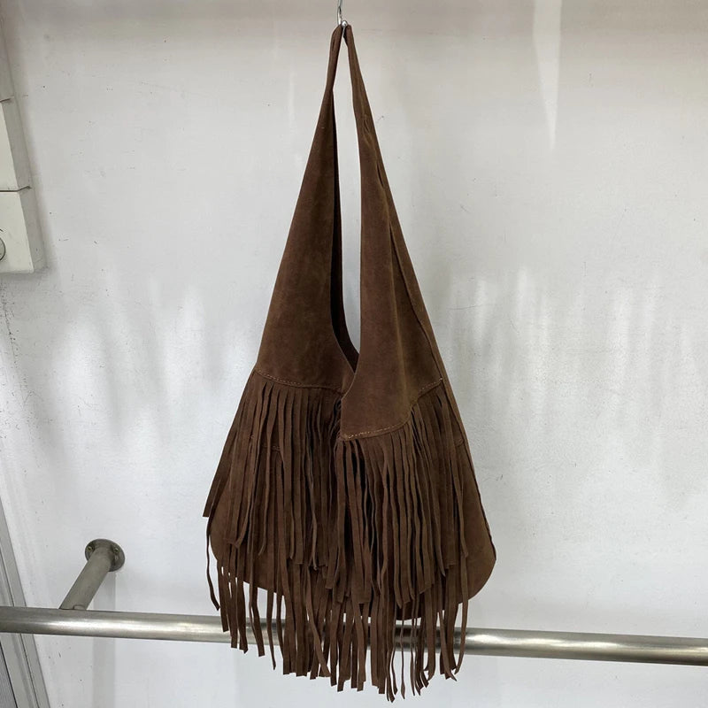 Bohemian Faux Suede Bucket Bag – Stylish Tassel Shoulder Handbag for Women