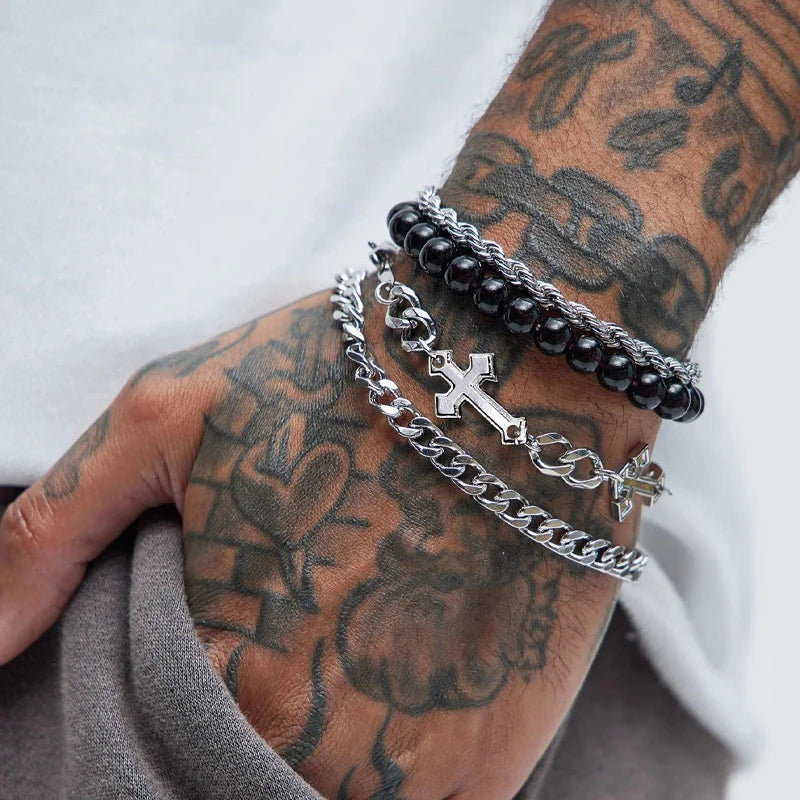 Stainless Steel Bracelet Set – Punk Cross Beads Chain for Men & Women
