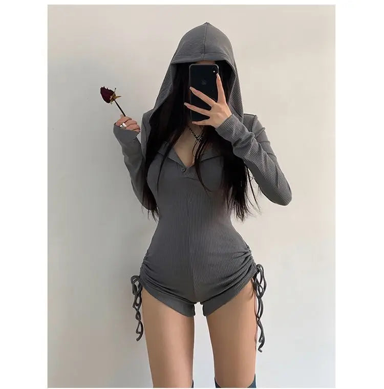 Y2K Hooded Bodysuit – Vintage 90s Slim Casual Jumpsuit for Women