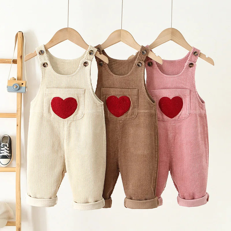 Spring Toddler Corduroy Heart Suspender Overalls for Baby Boys & Girls (1-4Y)