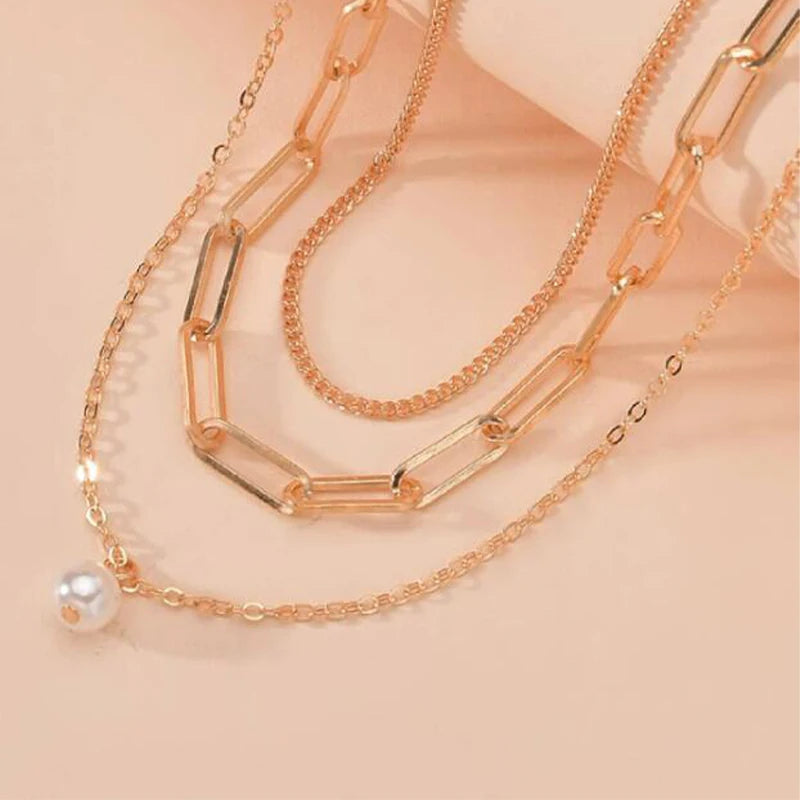 Vintage Pearl Charm Layered Necklace for Women