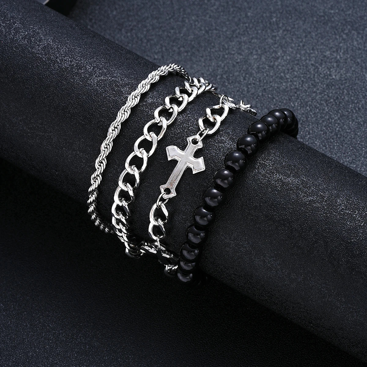 Stainless Steel Bracelet Set – Punk Cross Beads Chain for Men & Women