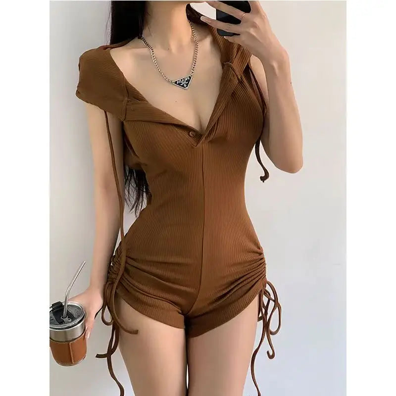 Y2K Hooded Bodysuit – Vintage 90s Slim Casual Jumpsuit for Women